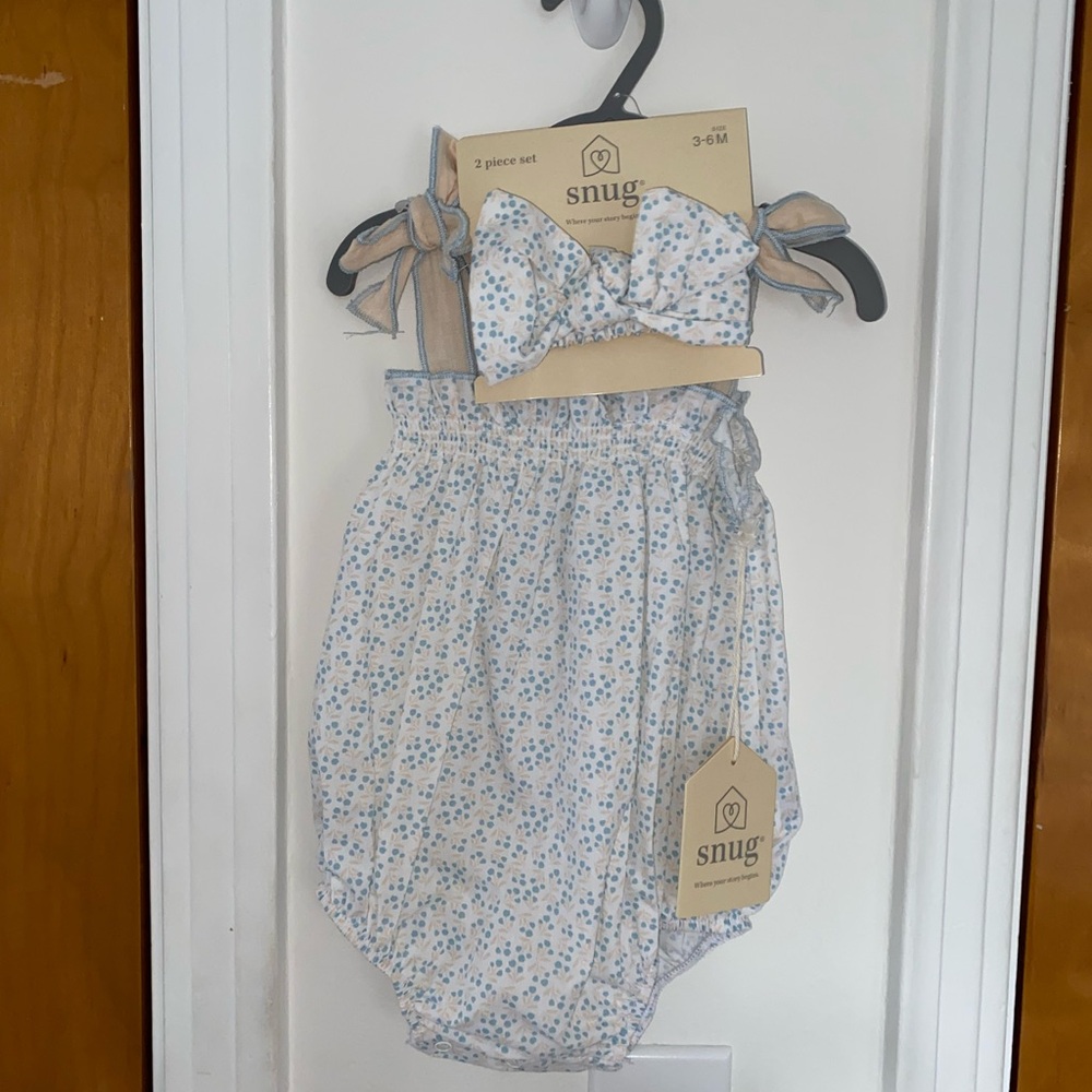 Floral Baby One Piece Set - Blue and White
